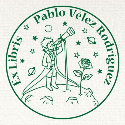 Ex Libris Principito con telescopioen globo