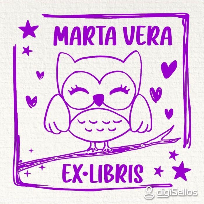 Sello ex libris buho sobre rama