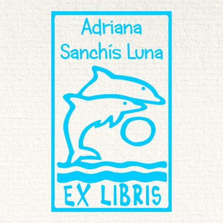 Sello ex libris pareja delfines