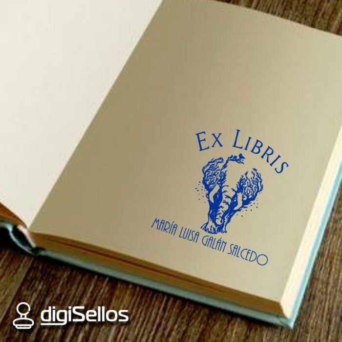 Sello libro árbol elefante