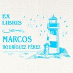 Sello ex libris montaña con faro