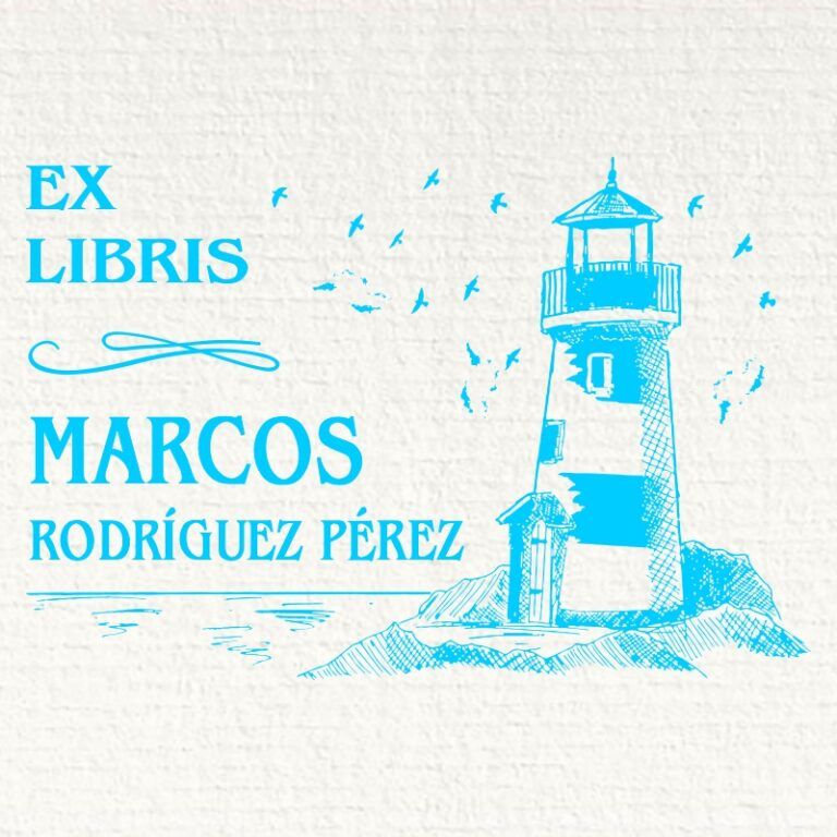 Sello ex libris montaña con faro