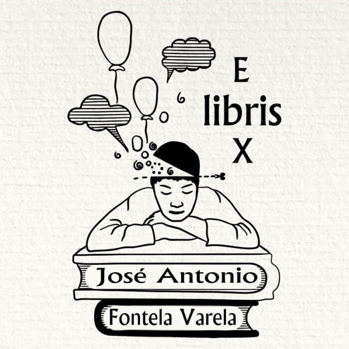 Sello ex libris dormido sobre libros