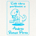 Sello ex libris dinosaurio con libro