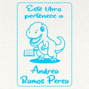 Sello ex libris dinosaurio con libro