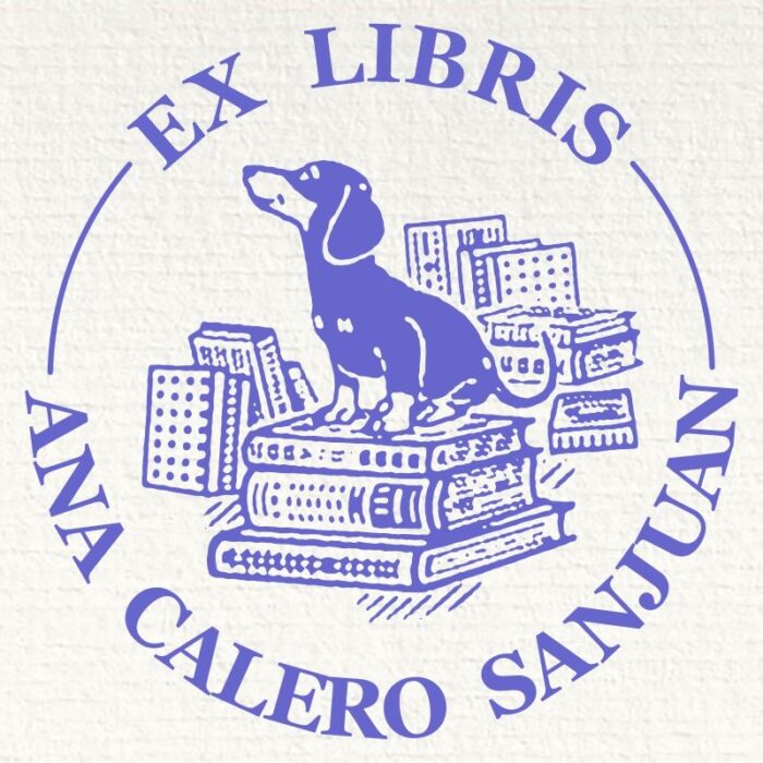 Sello ex libris perro con libros