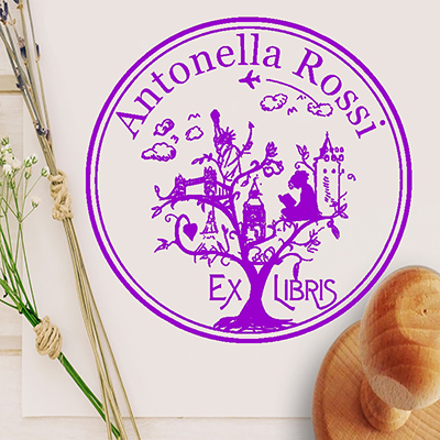 Francobollo ex libris albero del mondo