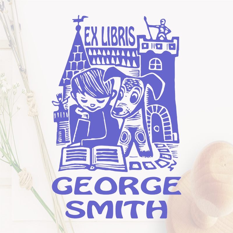 stamp-ex-libris-child-reading-with-dog Ex libris stamp child reading with a dog
