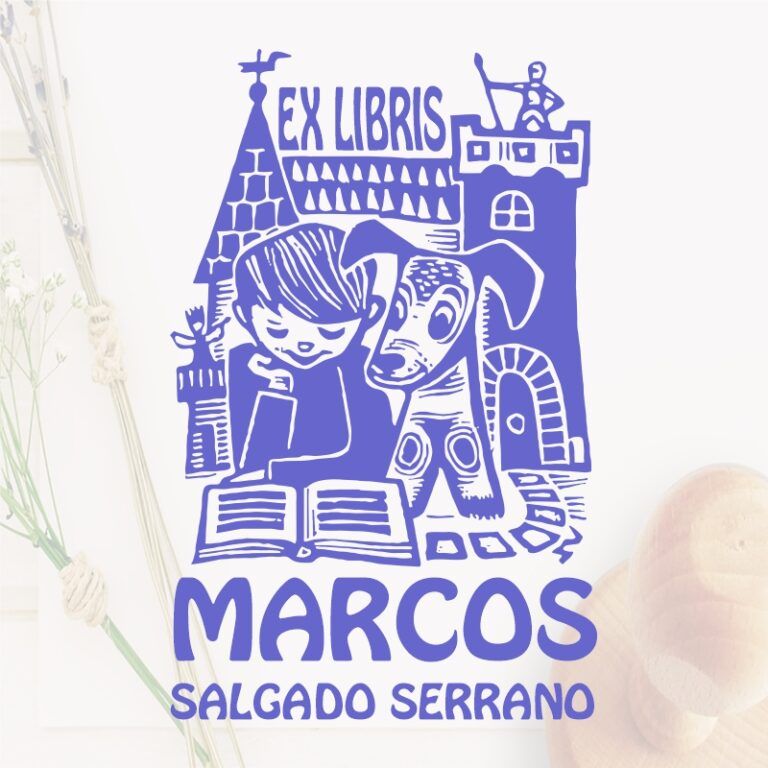 Sello ex libris niño leyendo con un perro