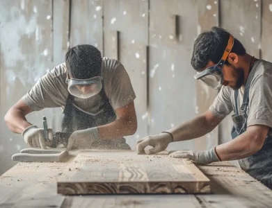 Two woodworkers wearing safety goggles and gloves plane a wooden board on a workbench, dust rising between them.