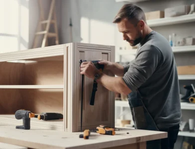 Man building a wooden cabinet, using a drill on the side panel in a well-lit workshop