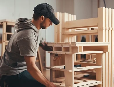 Man in a cap and hoodie assembling a wooden pallet in a workshop with stacked pallets nearby, focused on the task.