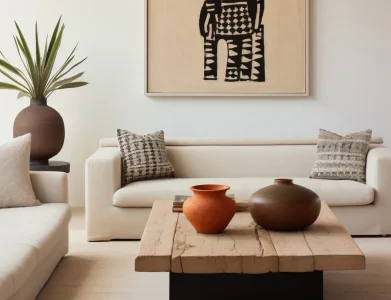 Minimalist living room with a white sofa, patterned pillows, a rustic wooden coffee table, and two ceramic vases (orange and brown). A large plant sits to the left and an abstract framed piece hangs on the wall above the sofa.