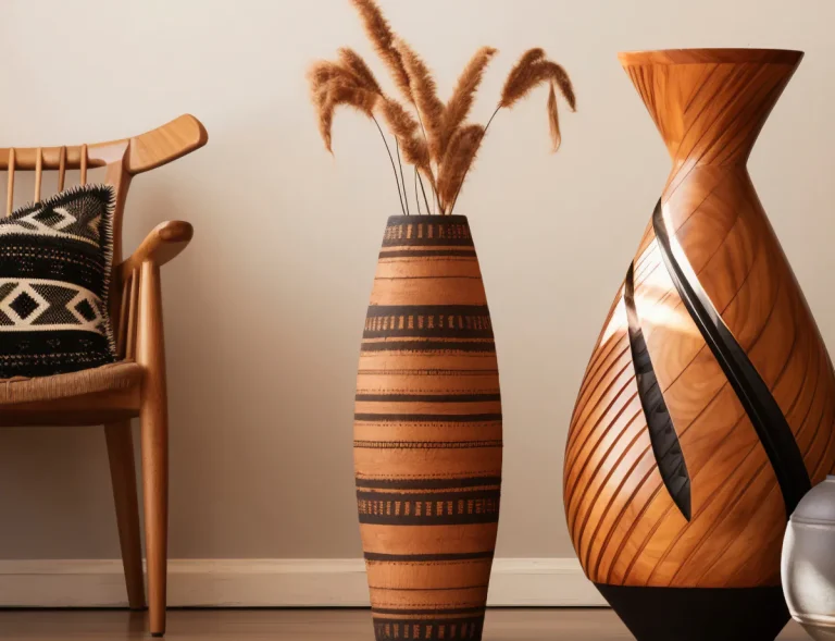 Wooden Chair with a Black Geometric Pillow Next to a Tall Striped Vase Holding Dried Grasses Against a Neutral Wall