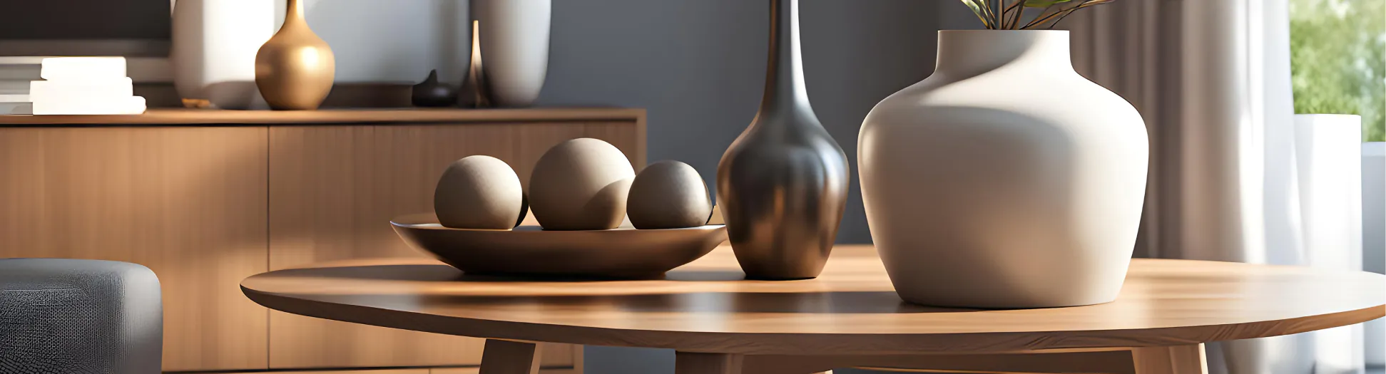 Minimalist living room decor: round wooden table with a large white vase, a dark vase, and a dish of decorative spheres.