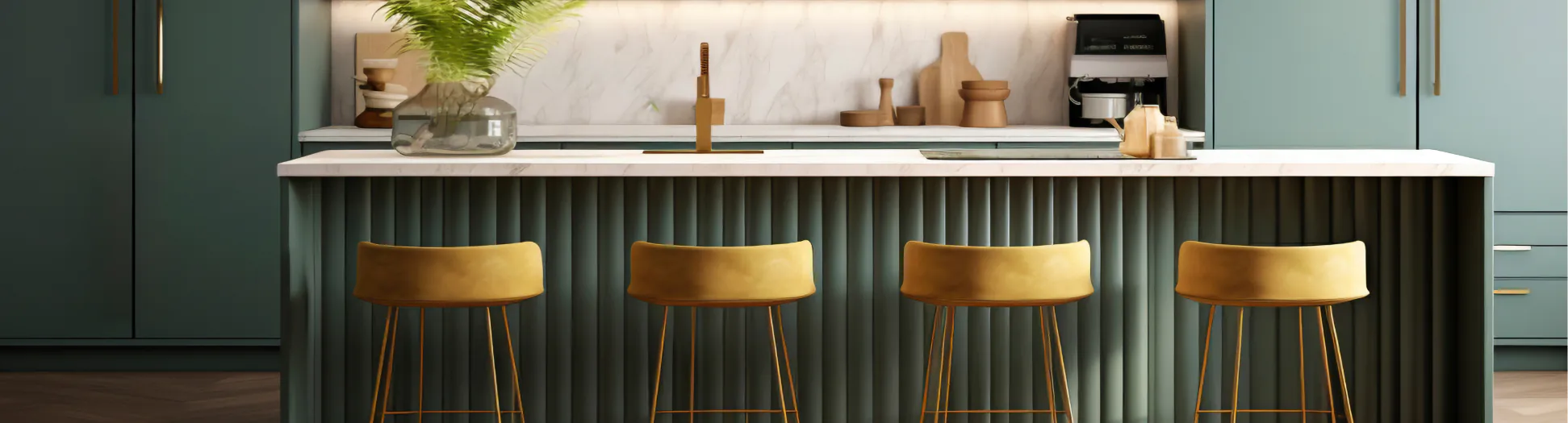 Green Kitchen Cabinets with a White Marble Backsplash and a Dark Green Island Bar Four Mustard yellow Stools Lined Up at the Counter