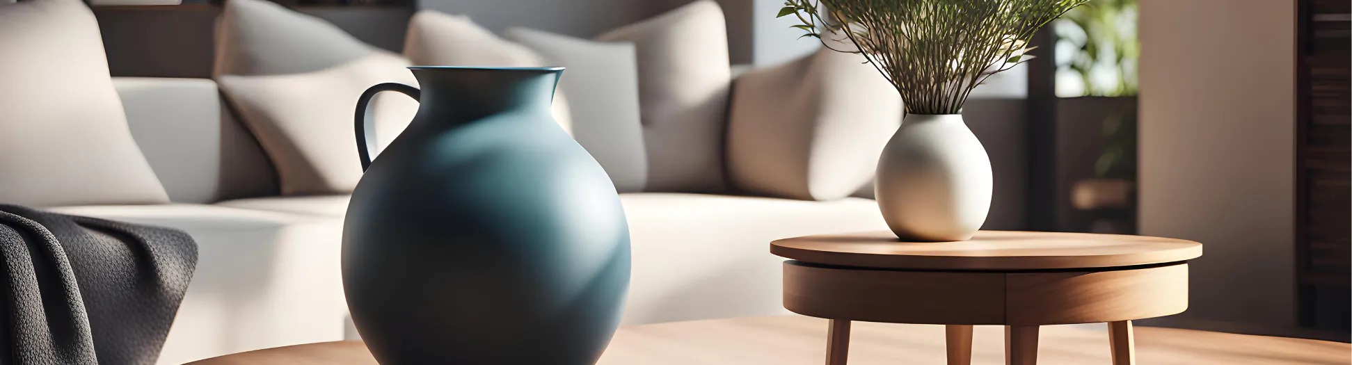 Blue ceramic jug on a round wooden coffee table in a bright living room with a beige sofa in the background.