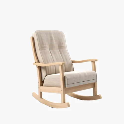 Wooden Rocking Chair with Light Beige Upholstered Cushions and Curved Rockers