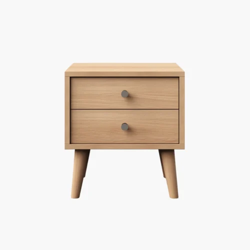 Wooden two-drawer nightstand with tapered legs in a light oak finish.