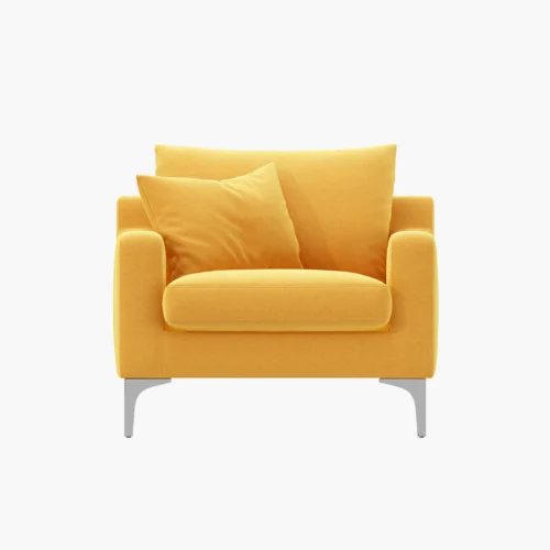 Bright Yellow Upholstered Armchair with Two Cushions and Metal Legs Photographed Against a White Background