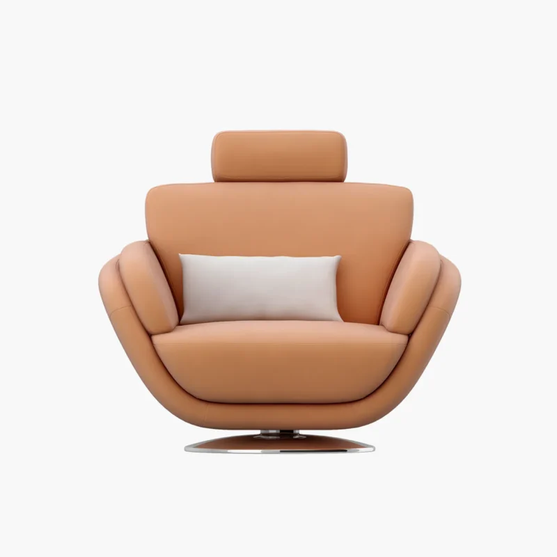 Orange brown Swivel Lounge Chair with Curved Arms and a White Rectangular Pillow Set Against a Light Background