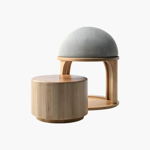 Minimalist wooden chair with curved frame and a gray fabric dome cushion.