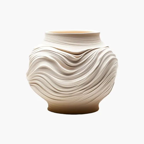 Cream ceramic vase with sculpted, flowing ribbon-like ridges and a narrow opening at the top, light tan shading at the base.