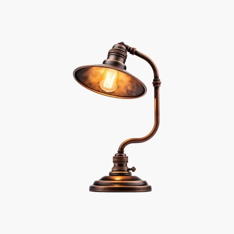 Copper Vintage Desk Lamp with an Exposed Edison Bulb Lit Warmly