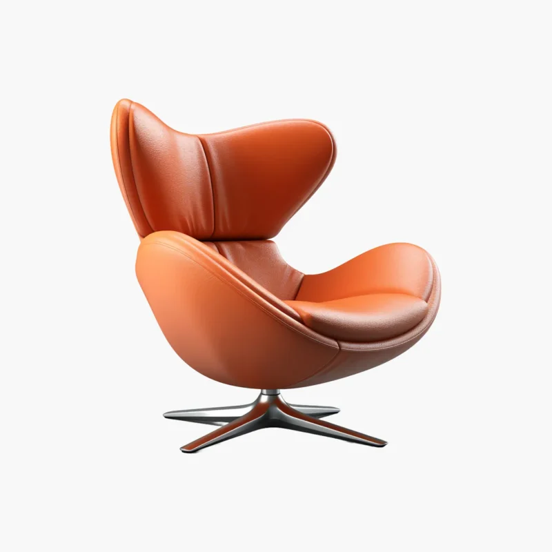 Orange Leather Lounge Chair with a Curved Ergonomic Back and Metal Swivel Base on a White Background