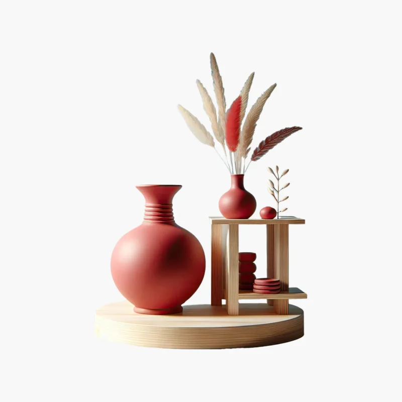 Decorative Still Life with Red Vases and Dried Grasses on a Wooden Pedestal Display
