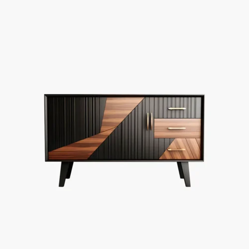 Modern sideboard with black vertical panels and geometric wood inlays; four drawers and cabinet doors on angled legs