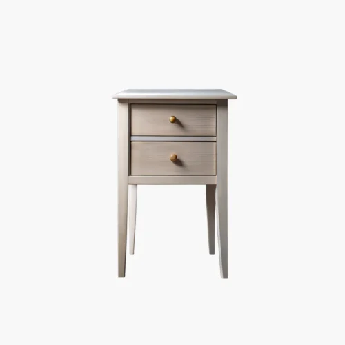 Light wood-toned nightstand with two shallow drawers and round wooden knobs on tapered legs.