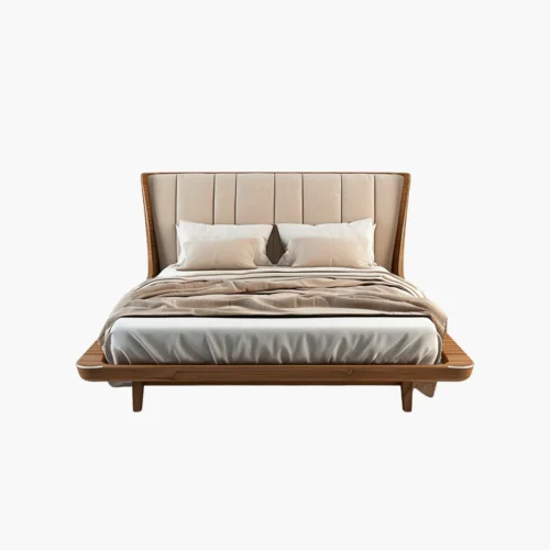Wooden Bed Frame with Tall Upholstered Beige Headboard and Neutral Bedding Shown from Front
