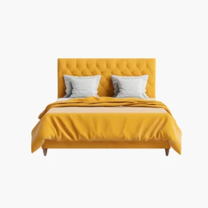 Mustard yellow Bed with a Tufted Headboard and Two White Pillows Set Against a White Background