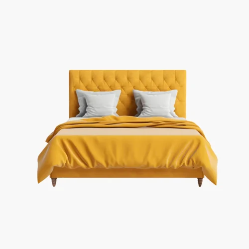 Mustard-yellow bed with a tufted headboard and two white pillows, set against a white background.