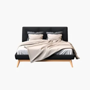Queen size Black Upholstered Bed with a Beige Duvet and Two Pillows on Light Wooden Legs and a Dark Headboard Centered