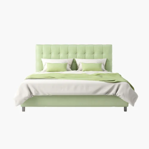 Bed Setup with a Mint green Tufted Headboard White Sheets and Green accent Pillows