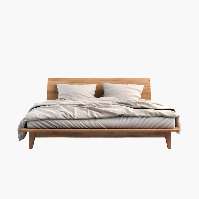 Wooden Platform Bed with Light Gray Duvet and Two Pillows on a White Background