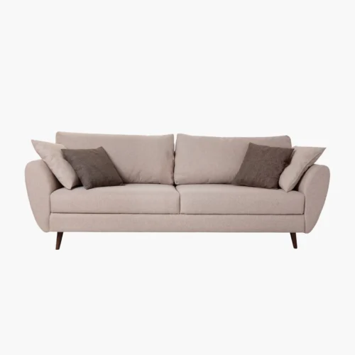 Beige fabric sofa with curved arms and dark brown accent cushions on a white background