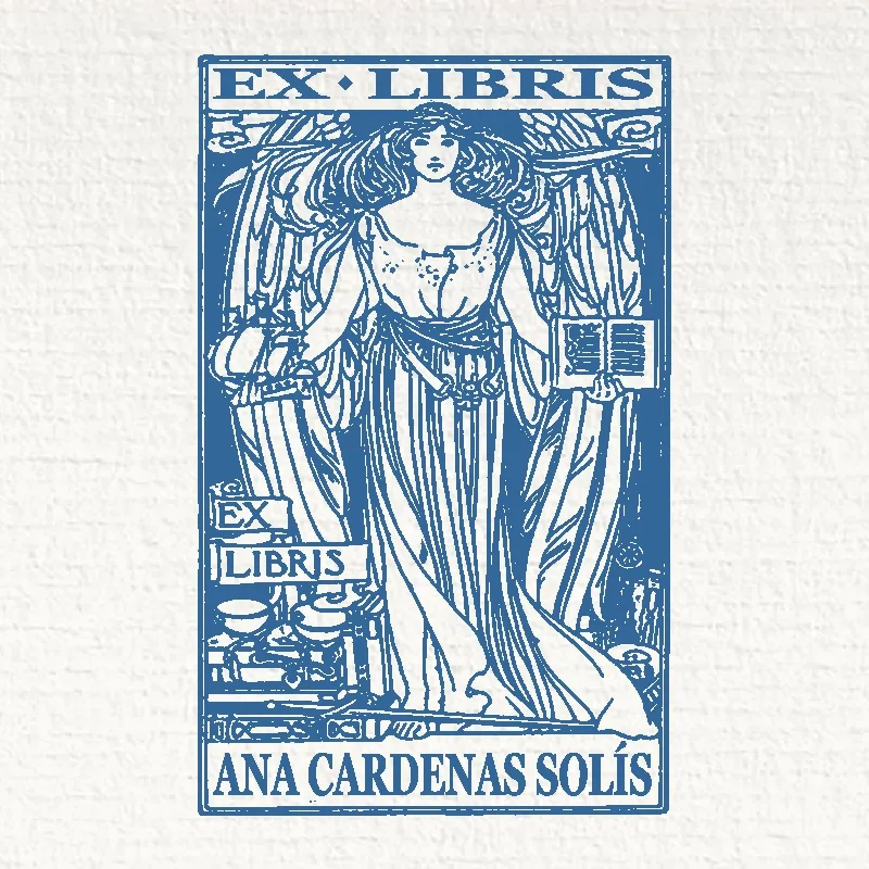 timbro ex libris donna con libro