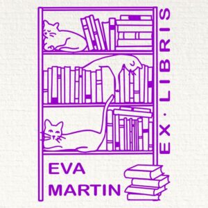 Sello Ex Libris estantería con gatos