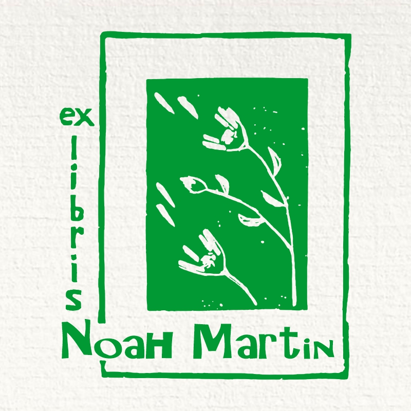 Sello Ex Libris estantería pétalos al aire